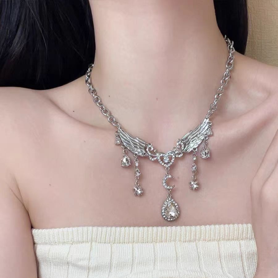 合金项链 X0096 甜酷风天使翅膀水滴流苏项链女轻奢气质高级感锁