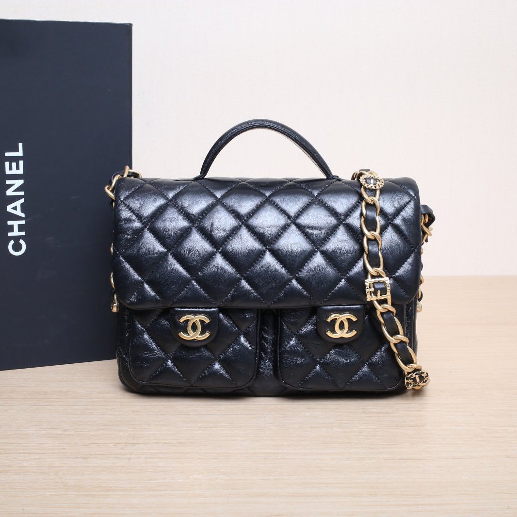 95新 Chanel/香奈儿 小花Jerry活动24A 双口袋手柄邮差包 芯片