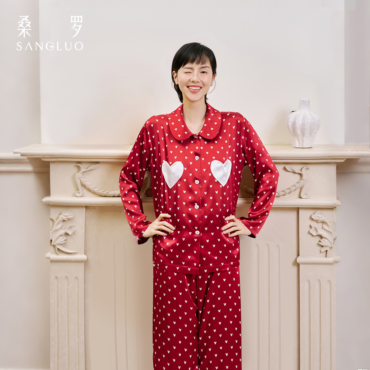 【红运当头】桑罗真丝爱心波点红色睡衣家居服套装秋冬宽松03A62863