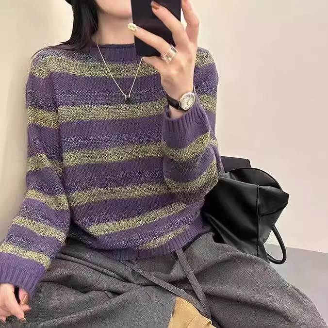 【花紫】条纹拼色卷边领套头毛衣女秋冬新款韩系宽松时尚休闲针织