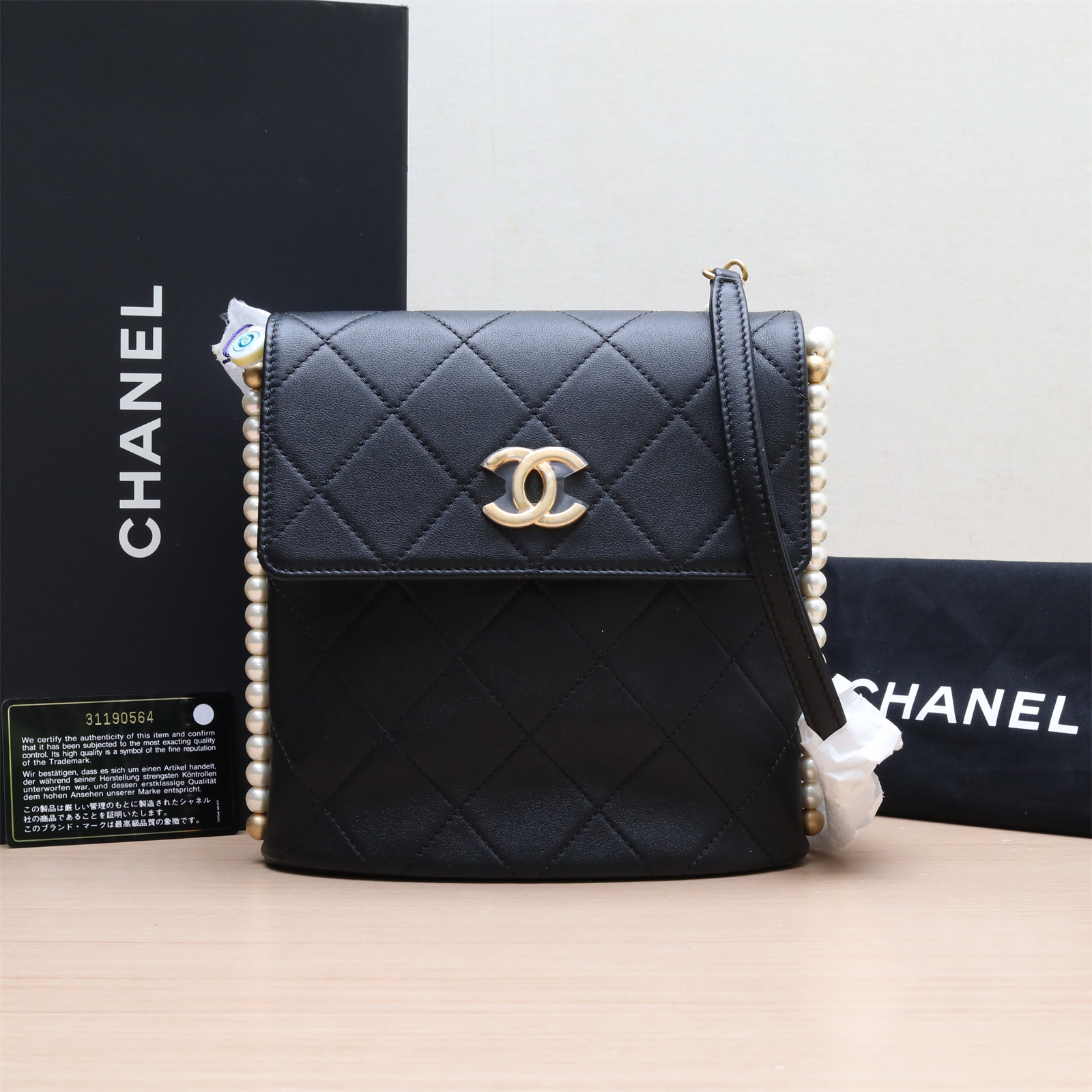 95新 Chanel/香奈儿 【念念】21C HOBO 小流浪 珍珠链条 黑色