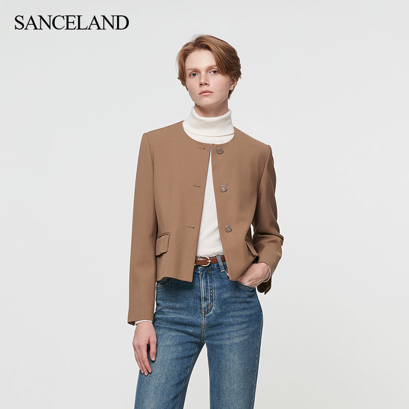 SANCELAND三石一澜秋绵羊毛短外套正肩圆领夹克SH35301114