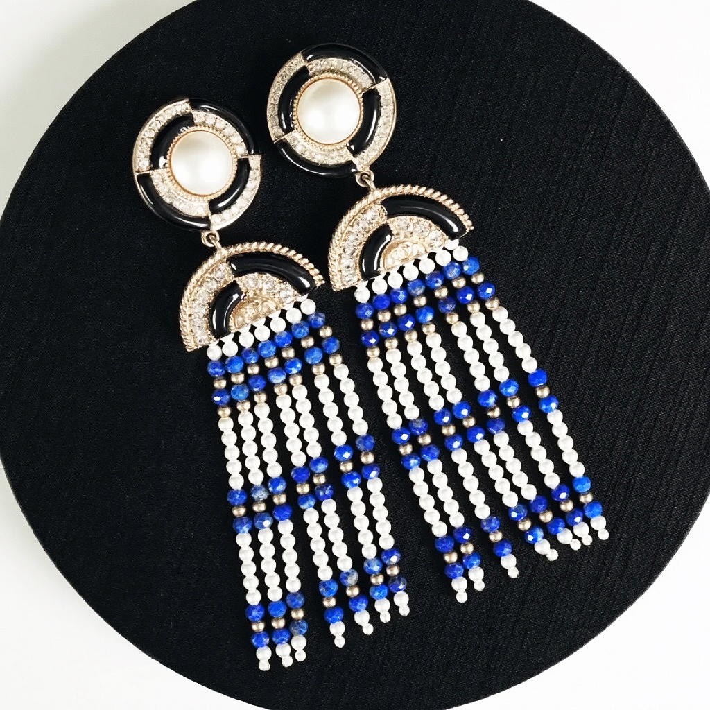 99新 Chanel/香奈儿 Chanel埃及珍珠流苏耳夹蓝色气质耳饰饰品