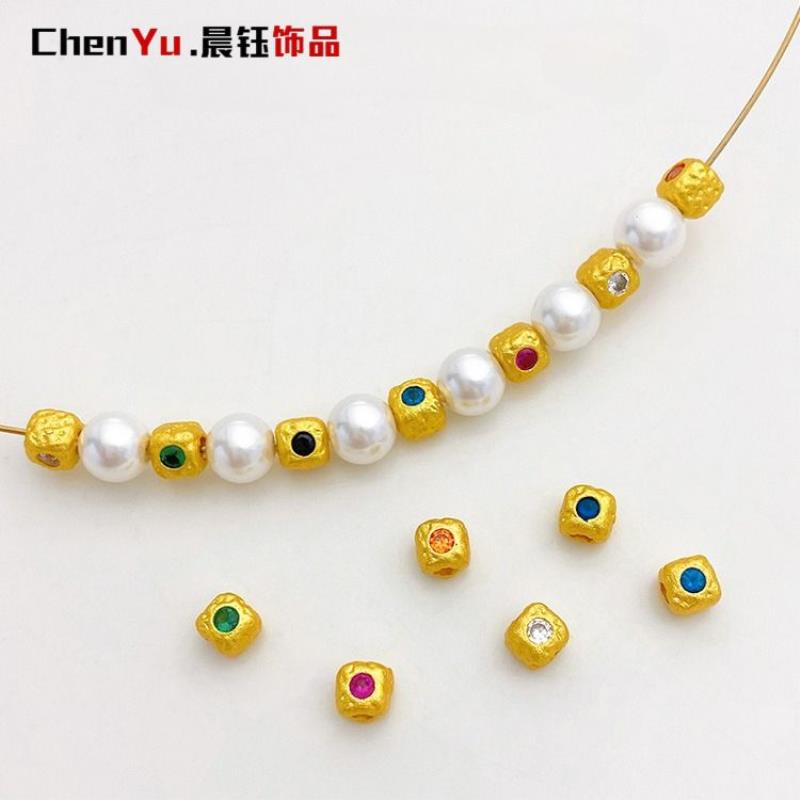 18K包金保色哑金镶锆石正方粒隔珠散珠diy手链项链饰品配件材料