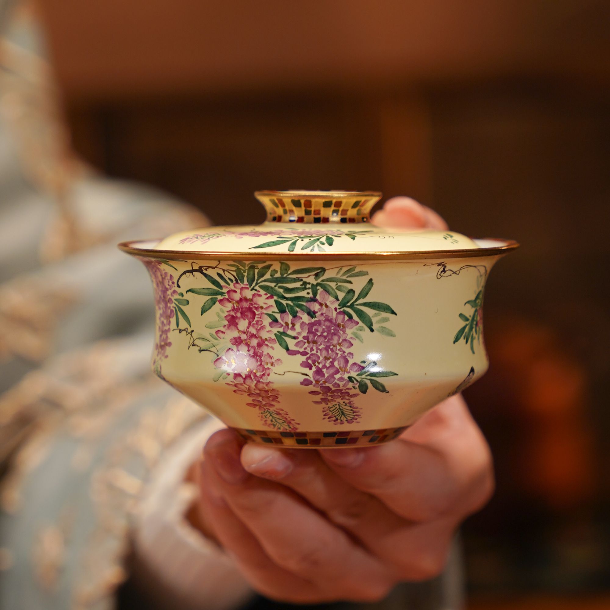 华隐堂  松花黄蝴蝶紫藤花盖碗  纯手工高档陶瓷中式茶具