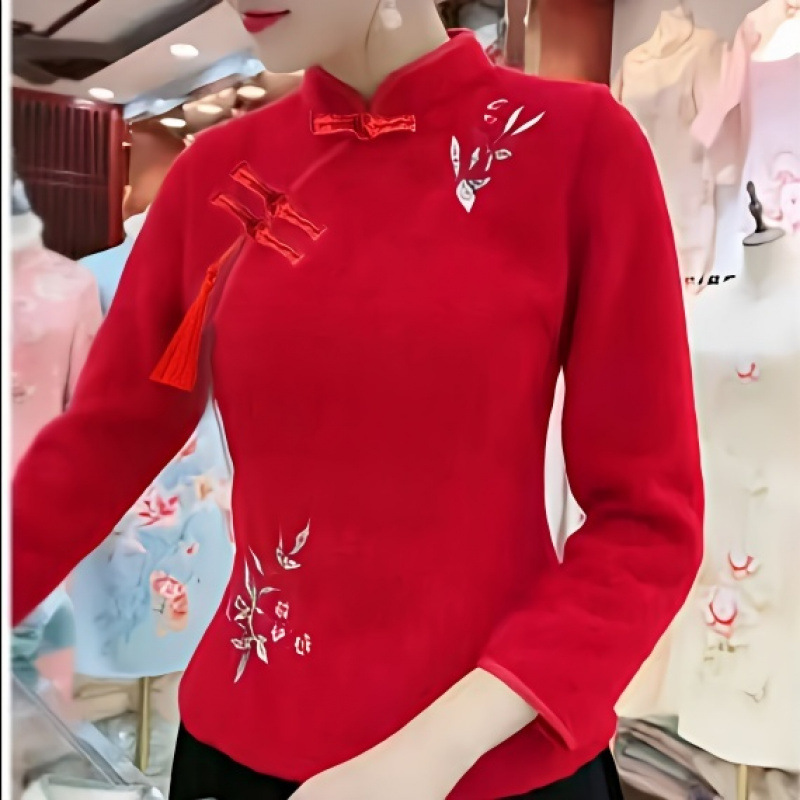 立领秋冬新款德绒加厚寒修身显瘦年轻新中式刺绣盘扣长袖上衣旗袍