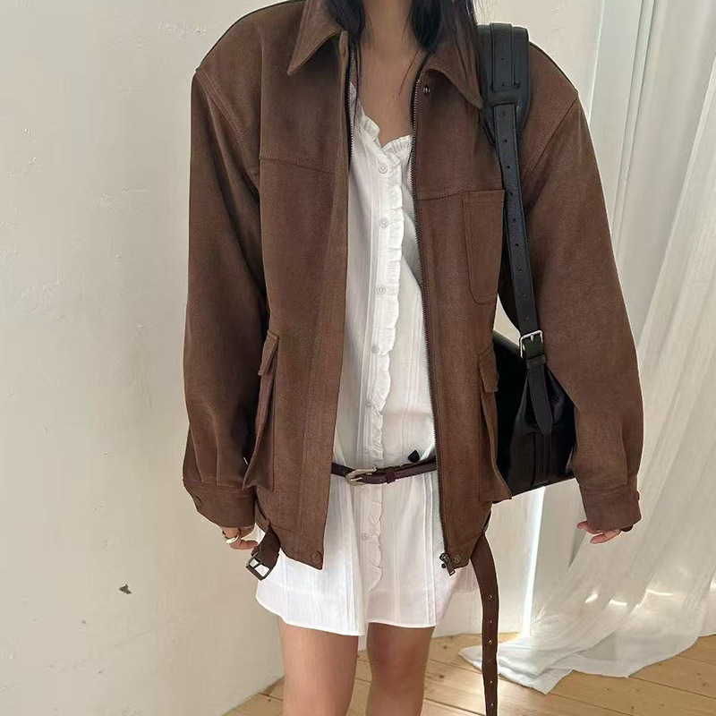 韩国东大门秋季新款复古翻领拉链宽松显瘦麂皮夹克外套