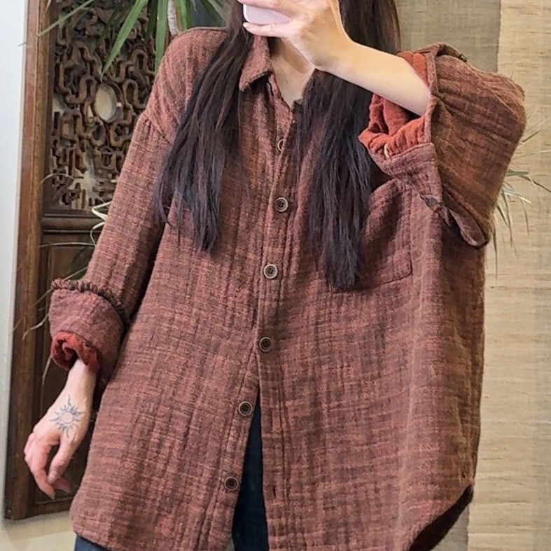 606简约宽松显瘦亚麻长袖防晒衬衫秋季时尚气质休闲上衣