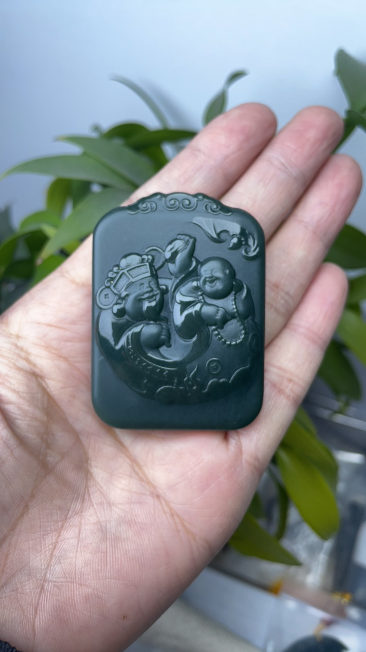 和田玉青玉财富双全双面雕刻挂件