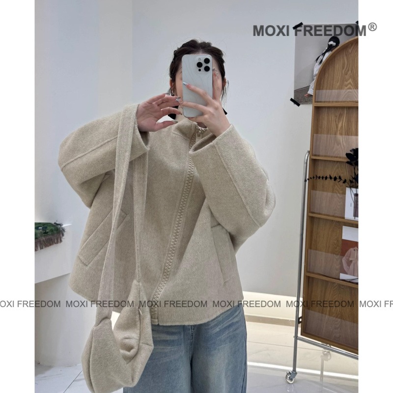 【布鲁日】25年秋冬新款休闲包包款拉链休闲中长款双面羊毛大衣外套