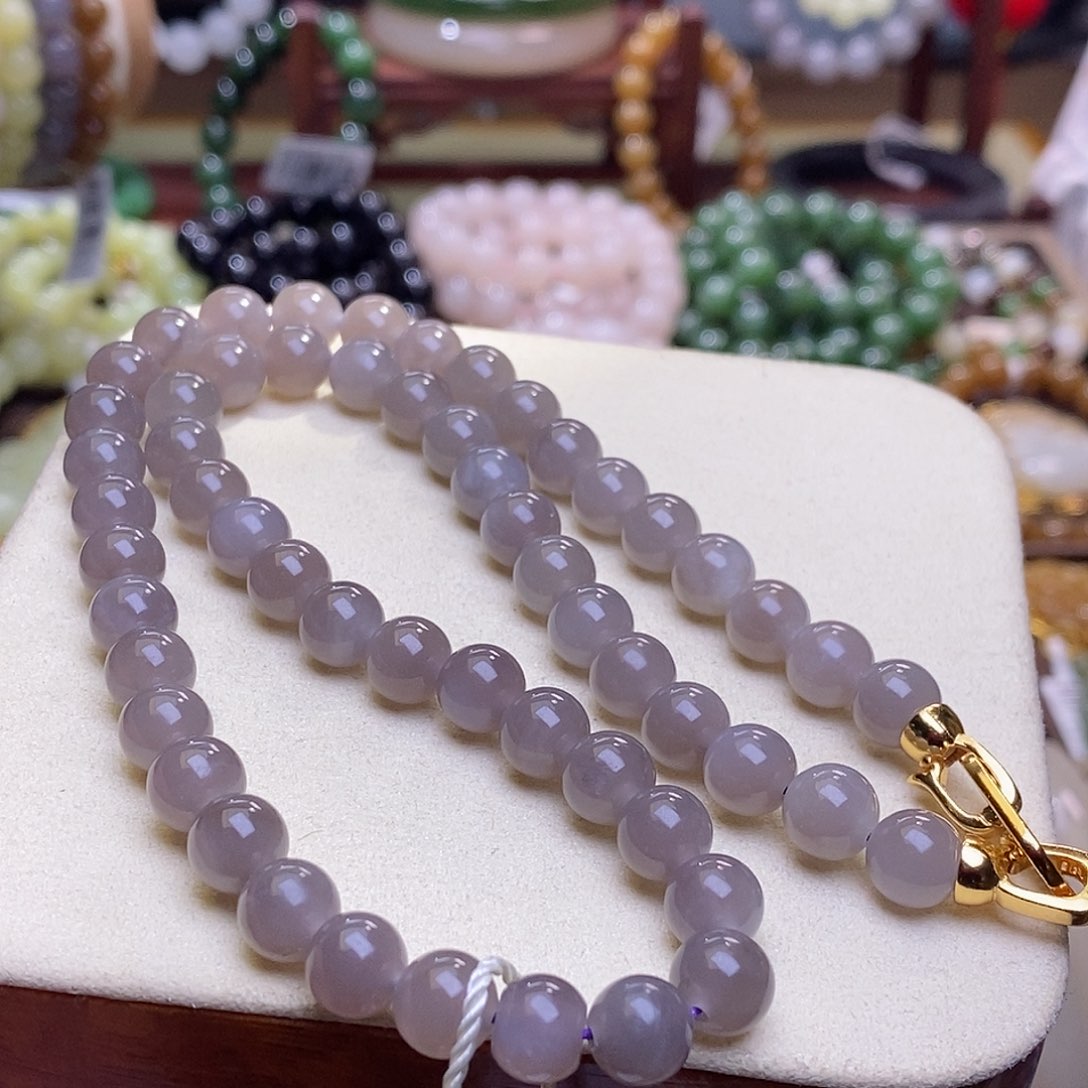 和田玉未镶嵌冰烟紫高冰老矿料仙紫圆珠项链8m