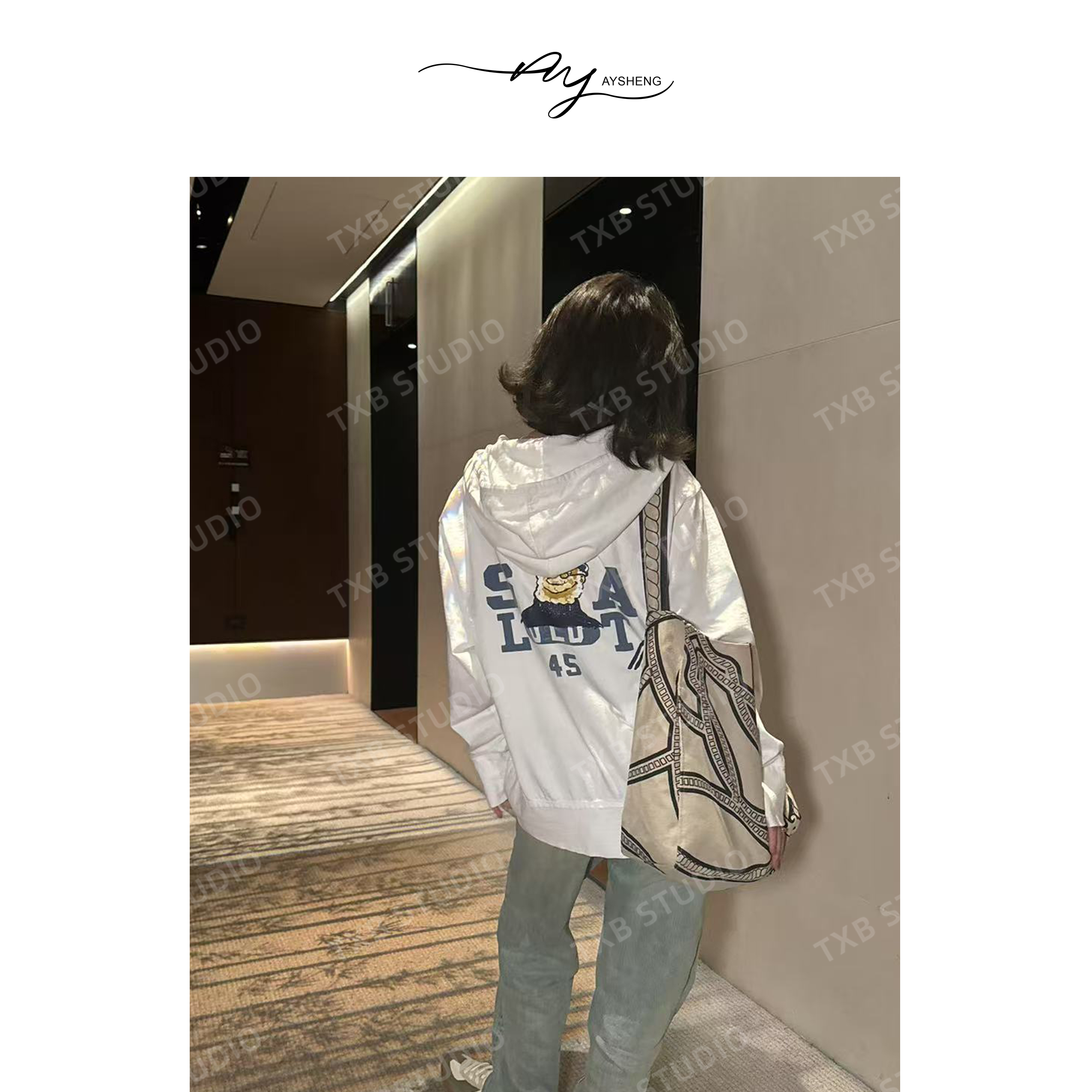 TXB 棉质刺绣设计老人头印花长袖白色连帽宽松卫衣XB-7365