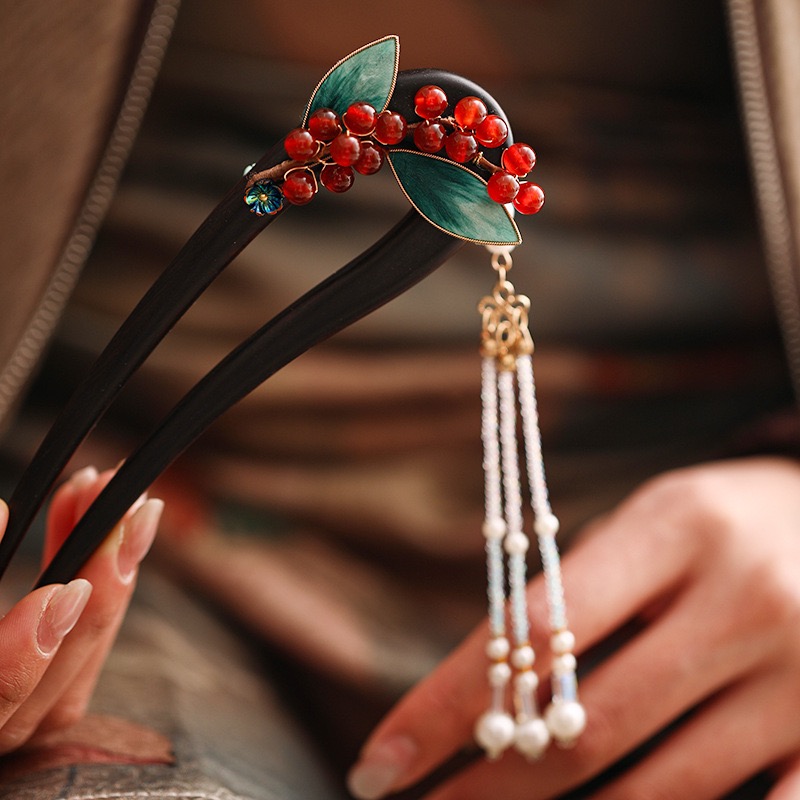 新中式绒花发簪U型流苏发簪马面裙手作发饰饰品高贵上档次头簪