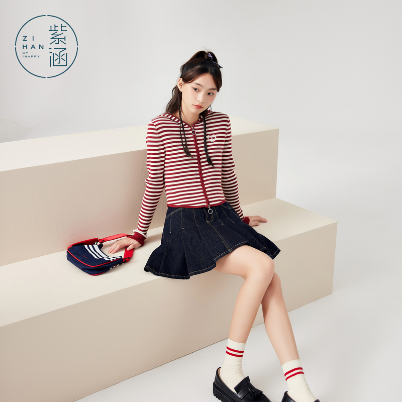 紫涵条纹拉链连帽针织开衫秋季修身毛衣外套Z4Z01BS292