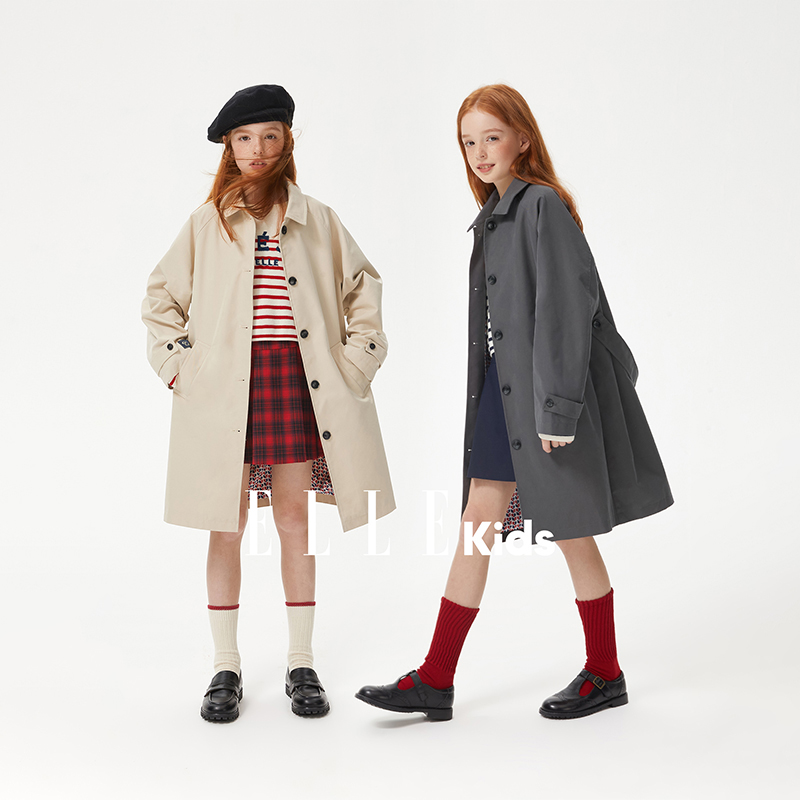 ELLE KIDS插肩袖宽松长款风衣女童春秋装新款英伦风百搭外套