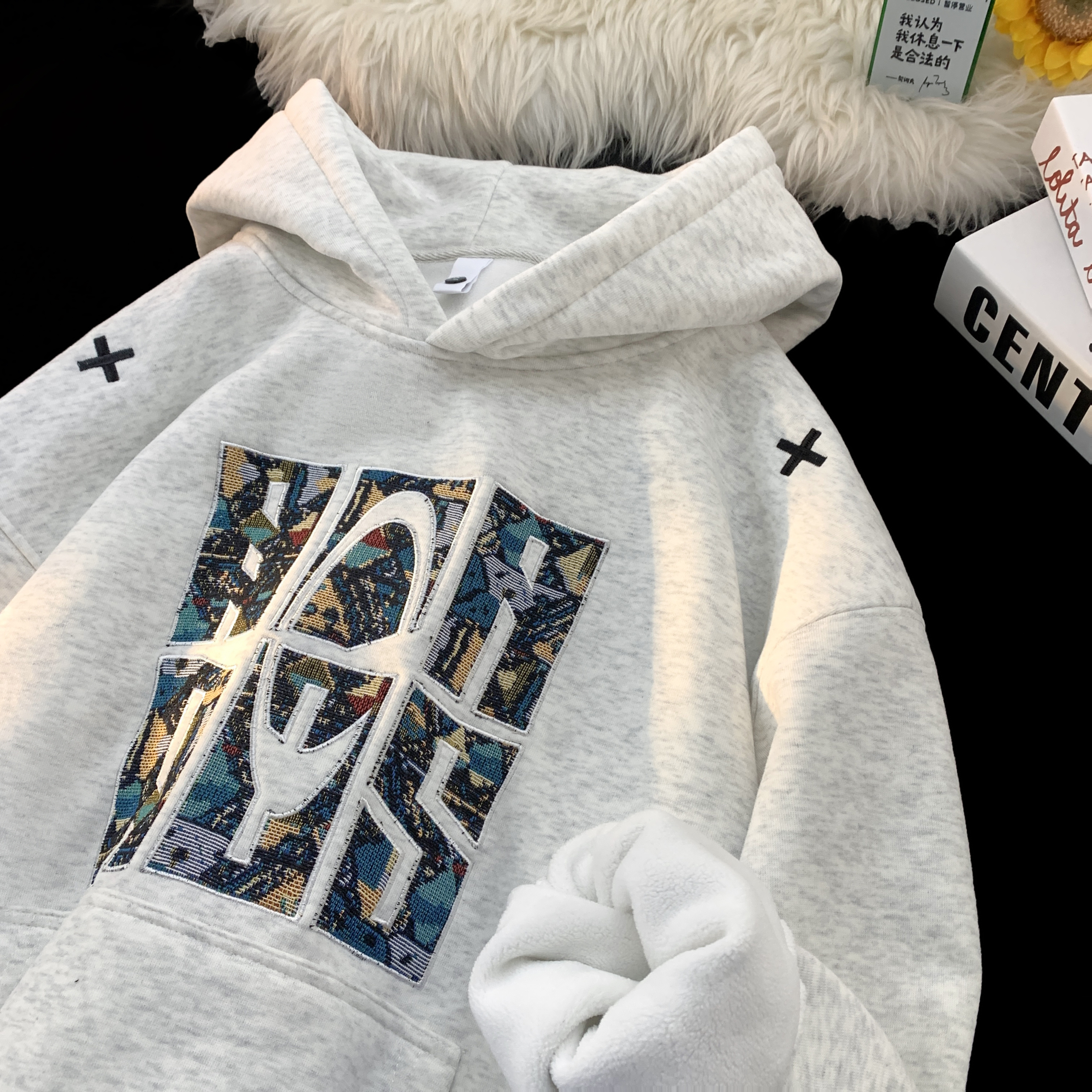 2025原创重工贴布绣连帽卫衣男潮秋冬加绒加厚重磅情侣款外套上衣