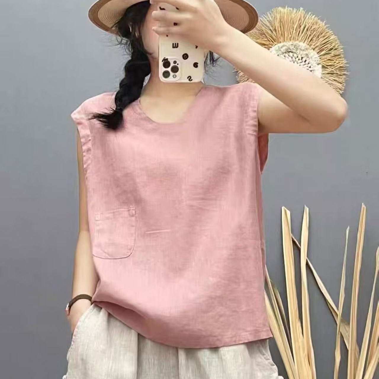100%纯亚麻休闲单口袋无袖坎肩背心女新款内外搭纯色马甲E12
