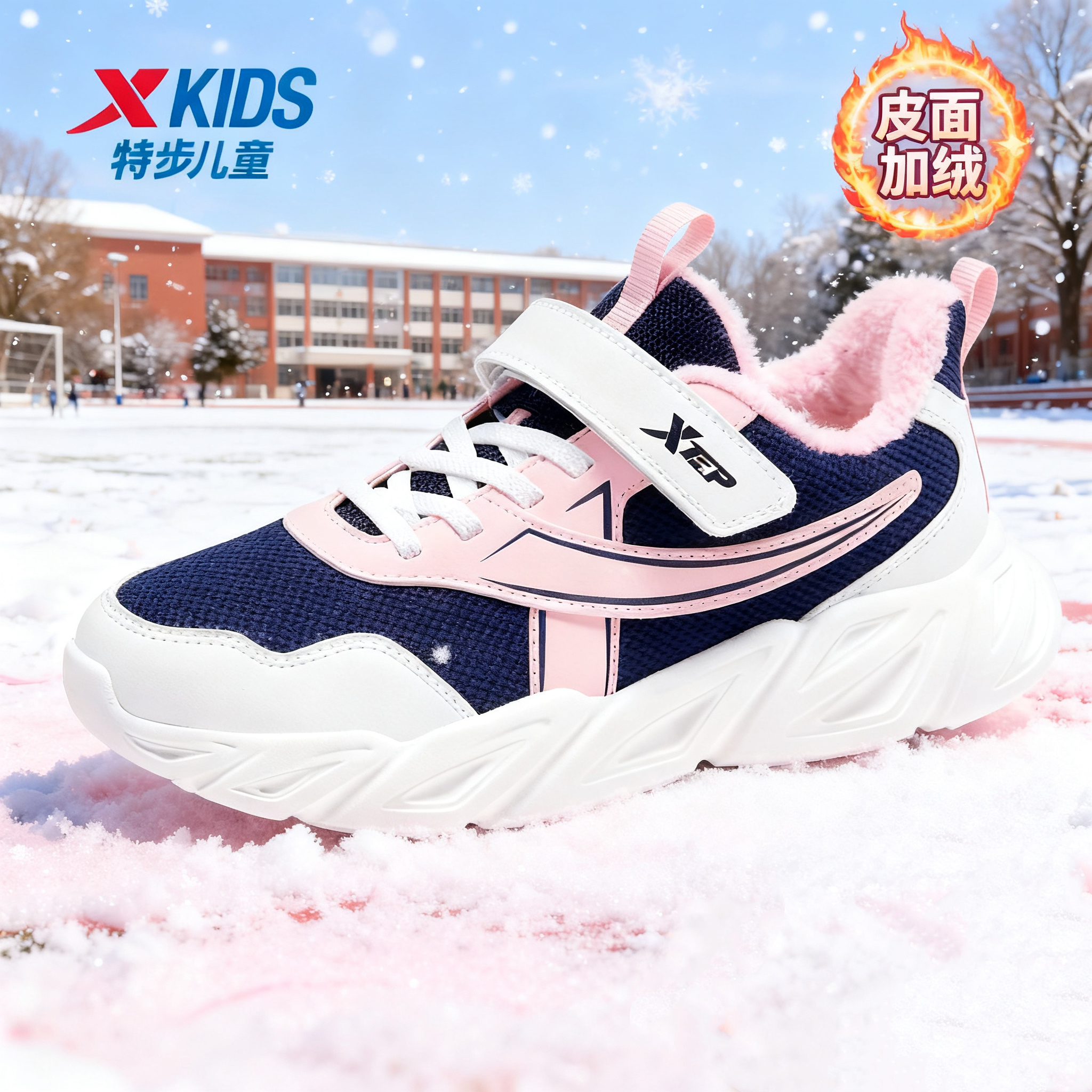 【皮面加绒】特步儿童冬季加厚魔术贴男女童保暖运动鞋二棉款休闲鞋