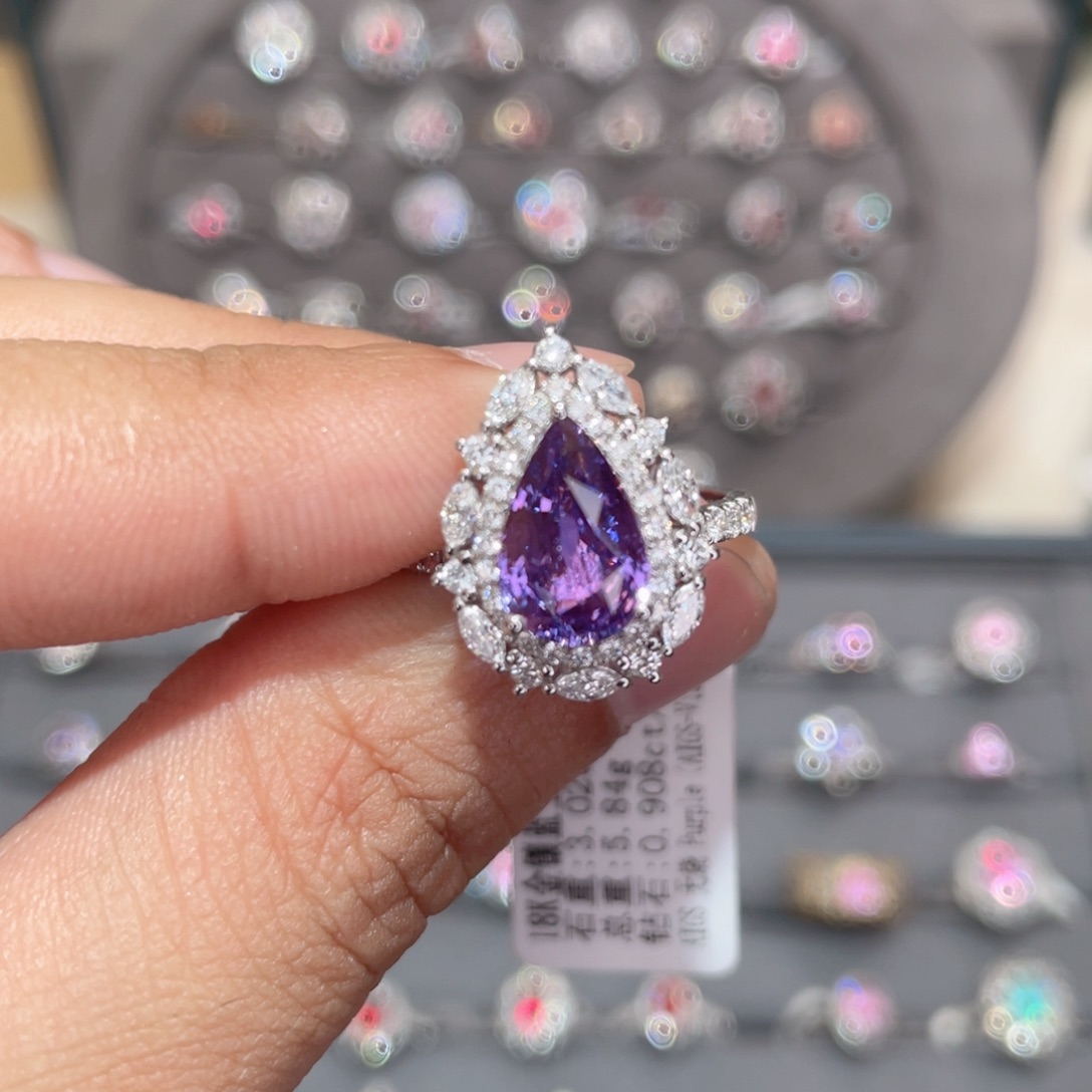 彩色蓝宝石戒指18K金镶嵌3.02ct 无烧紫 vb 