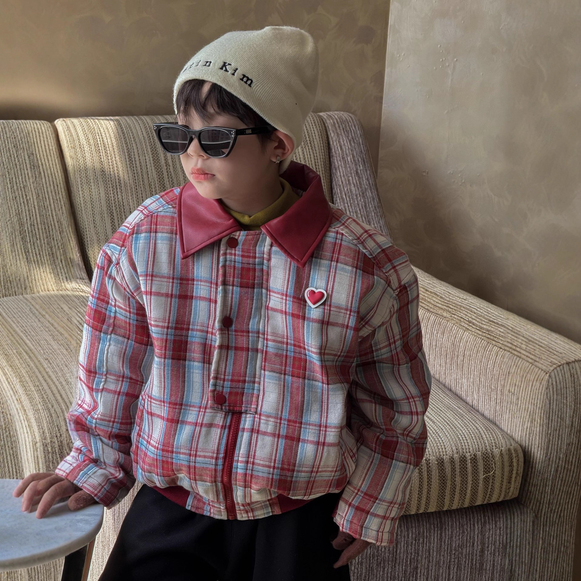 【绯心甜酒】秋冬韩式棉服童装男女童加厚夹棉红色格子翻领拼接
