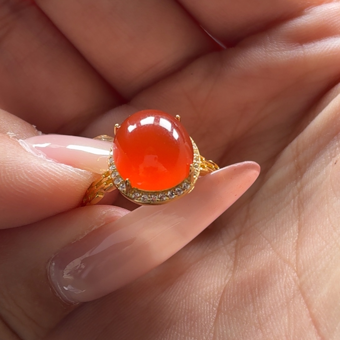 南红玛瑙银S925镶嵌女戒原矿保山南红小庄冰红女戒