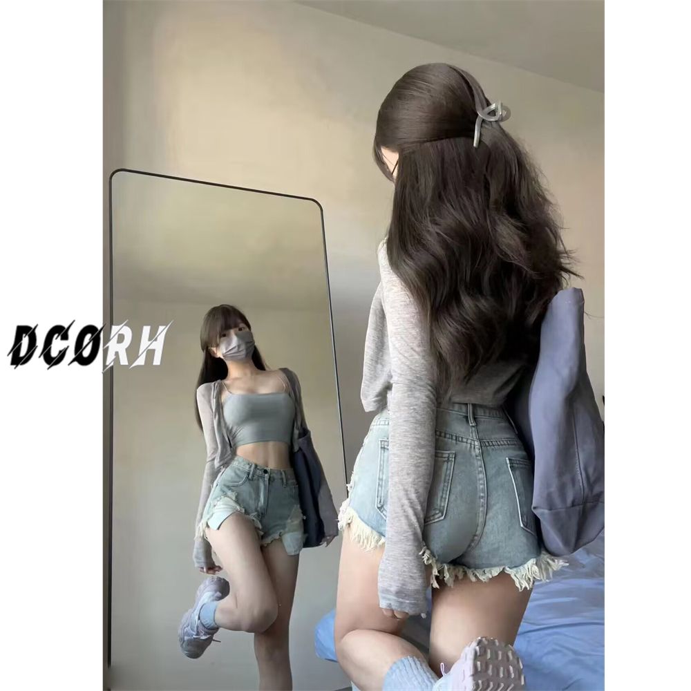 美式性感欧美辣妹低腰牛仔超短裤女2025夏季紧身包臀毛边流苏热裤