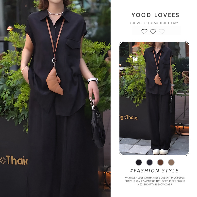 时尚休闲套装女2025夏季防晒宽松短袖衬衫+高腰显瘦直筒裤两件套