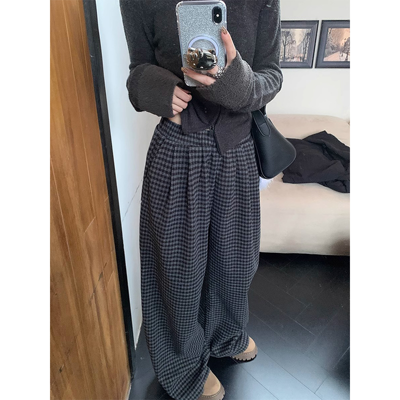 复古宽松格子休闲裤慵懒风阔腿裤女冬季高腰毛呢直筒裤拖地裤长裤