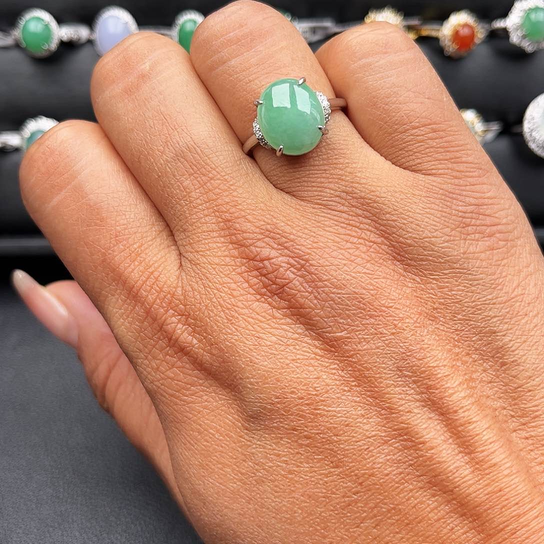 翡翠戒指银S925镶嵌缅甸天然A货翡翠女戒指