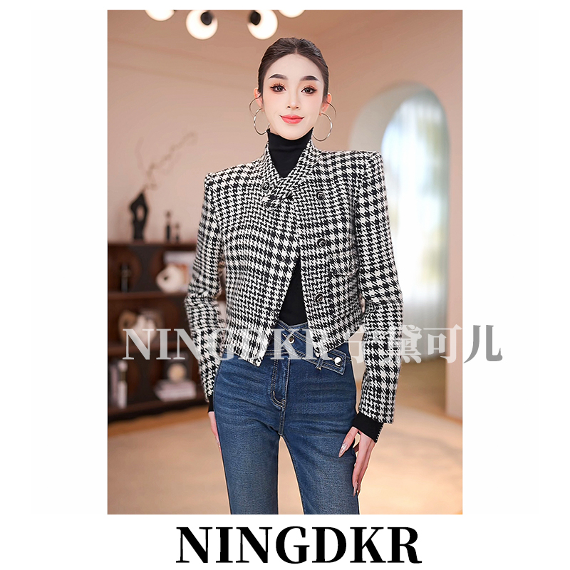 亦B10816宁黛可儿气质名媛复古显瘦立领小香风外套女千鸟格短款