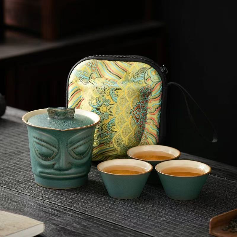 文创三星堆 一壶三杯户外便携式家用旅行茶具105