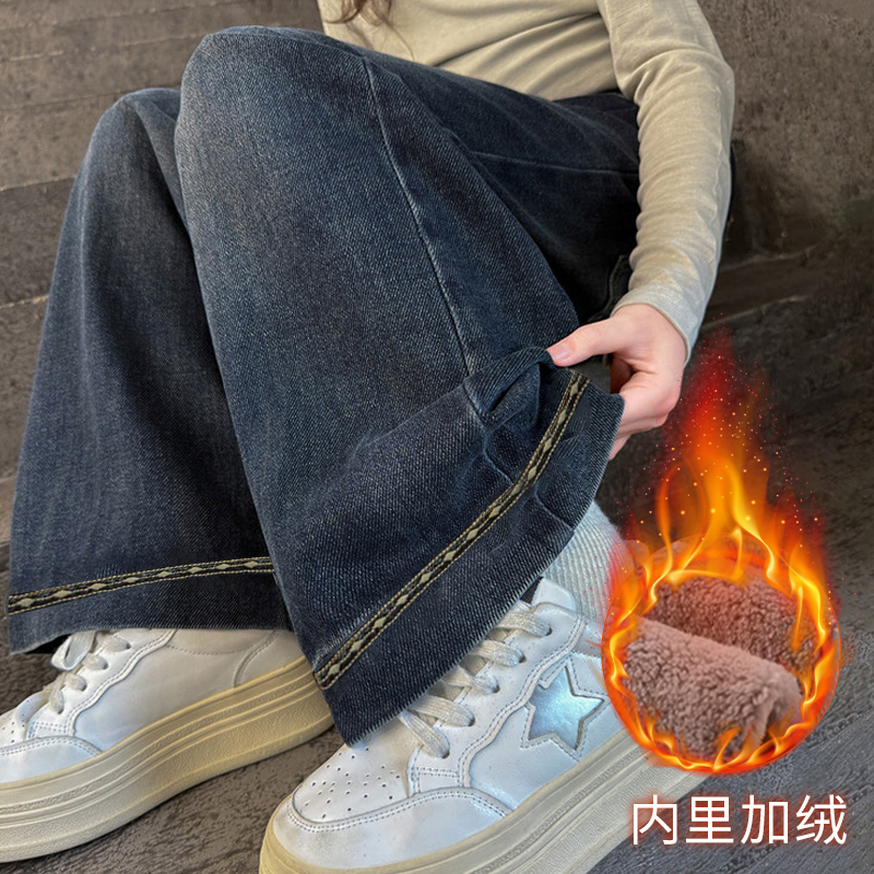 【加绒】女童裤子秋冬款2025新款儿童冬季一体绒儿童加绒阔腿牛仔裤