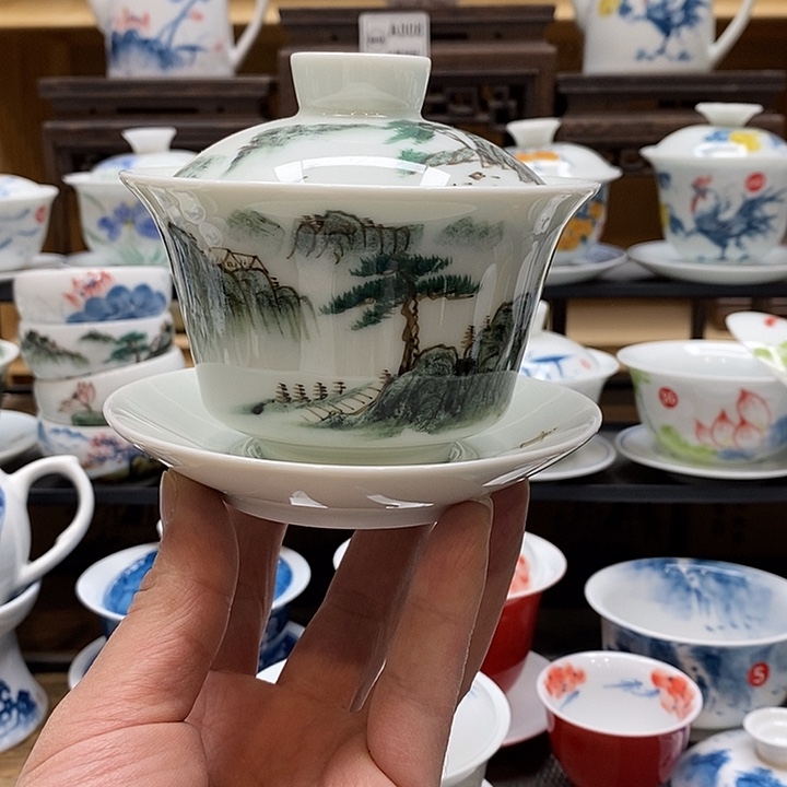 手绘微瑕山水盖碗