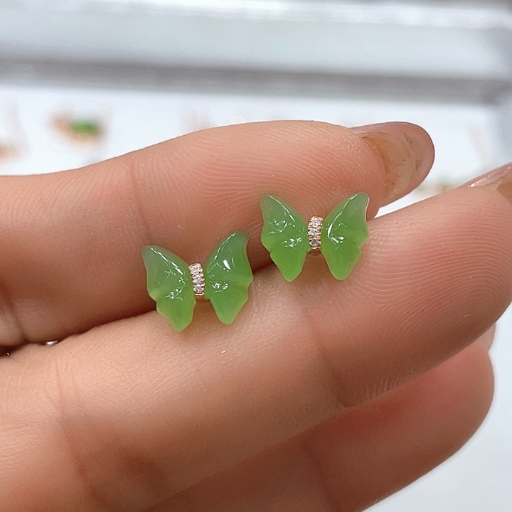 和田玉（碧玉）18K金镶嵌耳饰