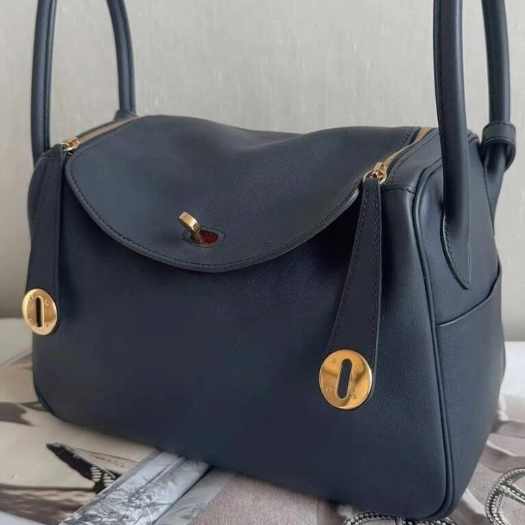 99新 Hermes/爱马仕 HZ爱马仕lindy26午夜蓝金扣s皮t单肩