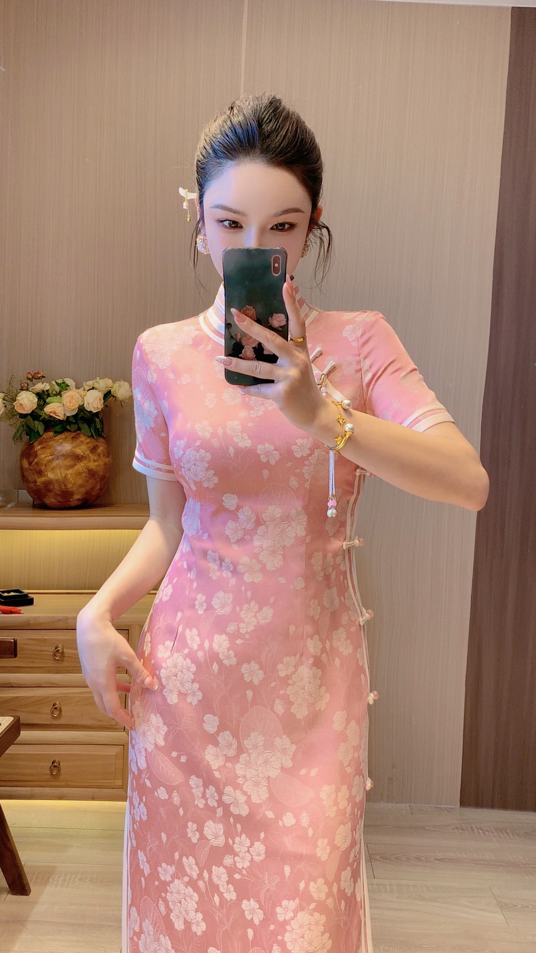 【雨径桃花】新中式国风提花刺绣连衣裙长款旗袍裙裙子女