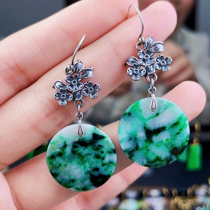 翡翠耳饰银S925镶嵌饰品