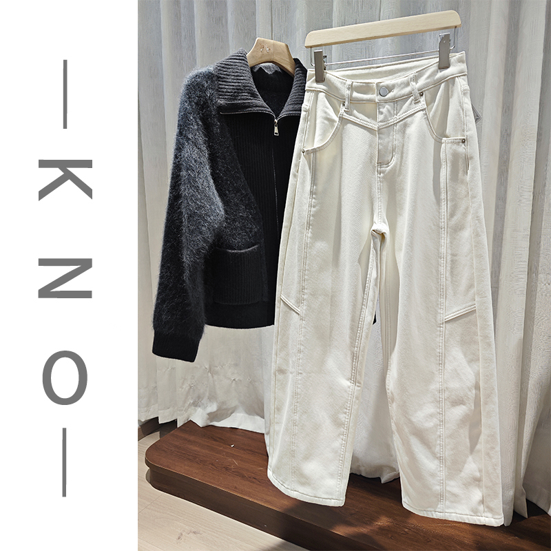 【KNO】TT 冬季新款白色加绒设计款弯刀牛仔裤显瘦百搭