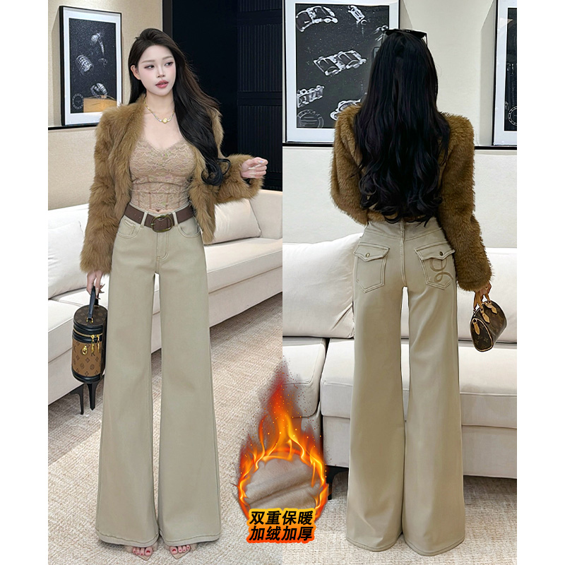 乔栈加绒卡其色刺绣老钱风微喇牛仔裤女秋冬高腰设计感气质阔腿裤