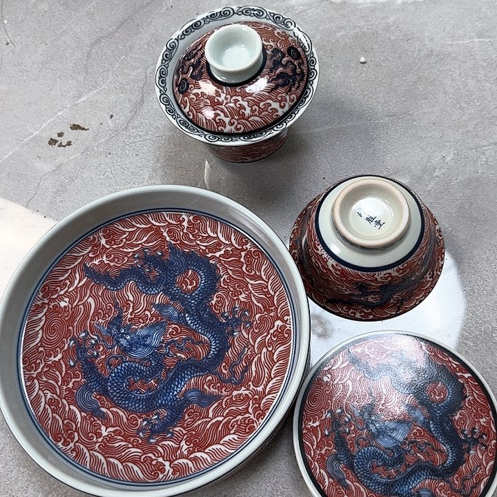 瓷片釉里红海水龙4件套景德镇