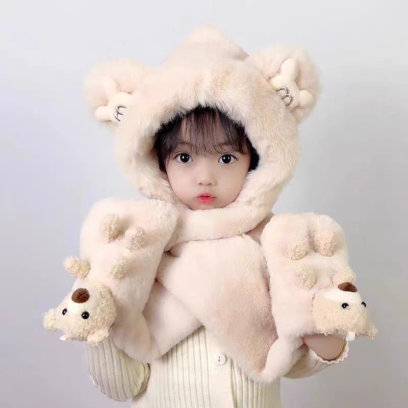 冬季新款儿童（3岁—8岁）加绒加厚帽子围巾手套加绒防寒保暖三件套