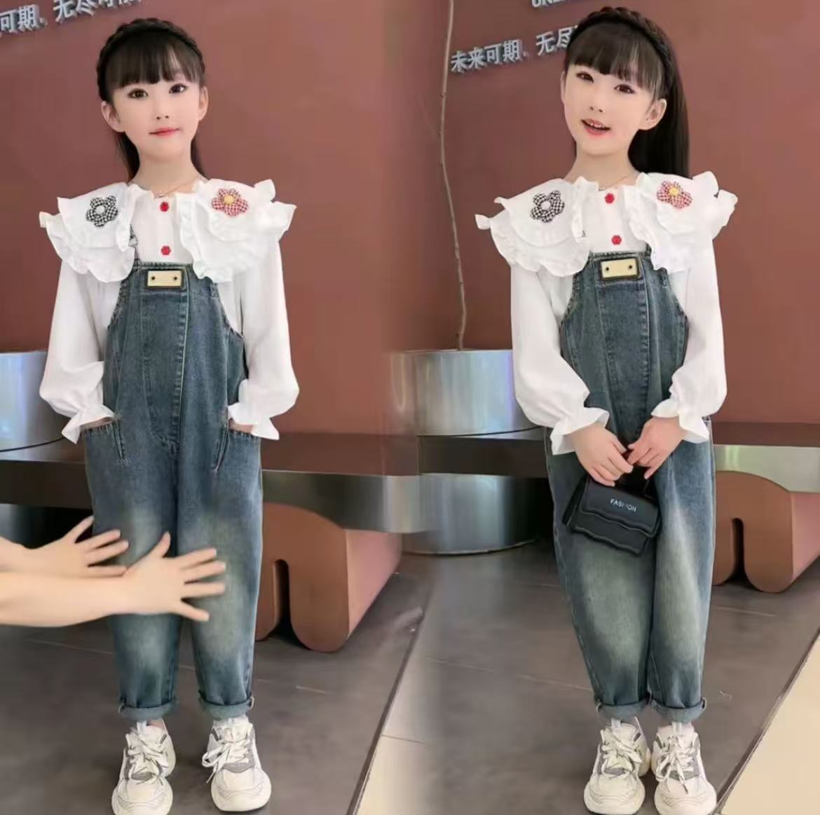 2025 新款秋季女童花朵娃娃领衬衣洋气韩版宽松牛仔背带裤套装