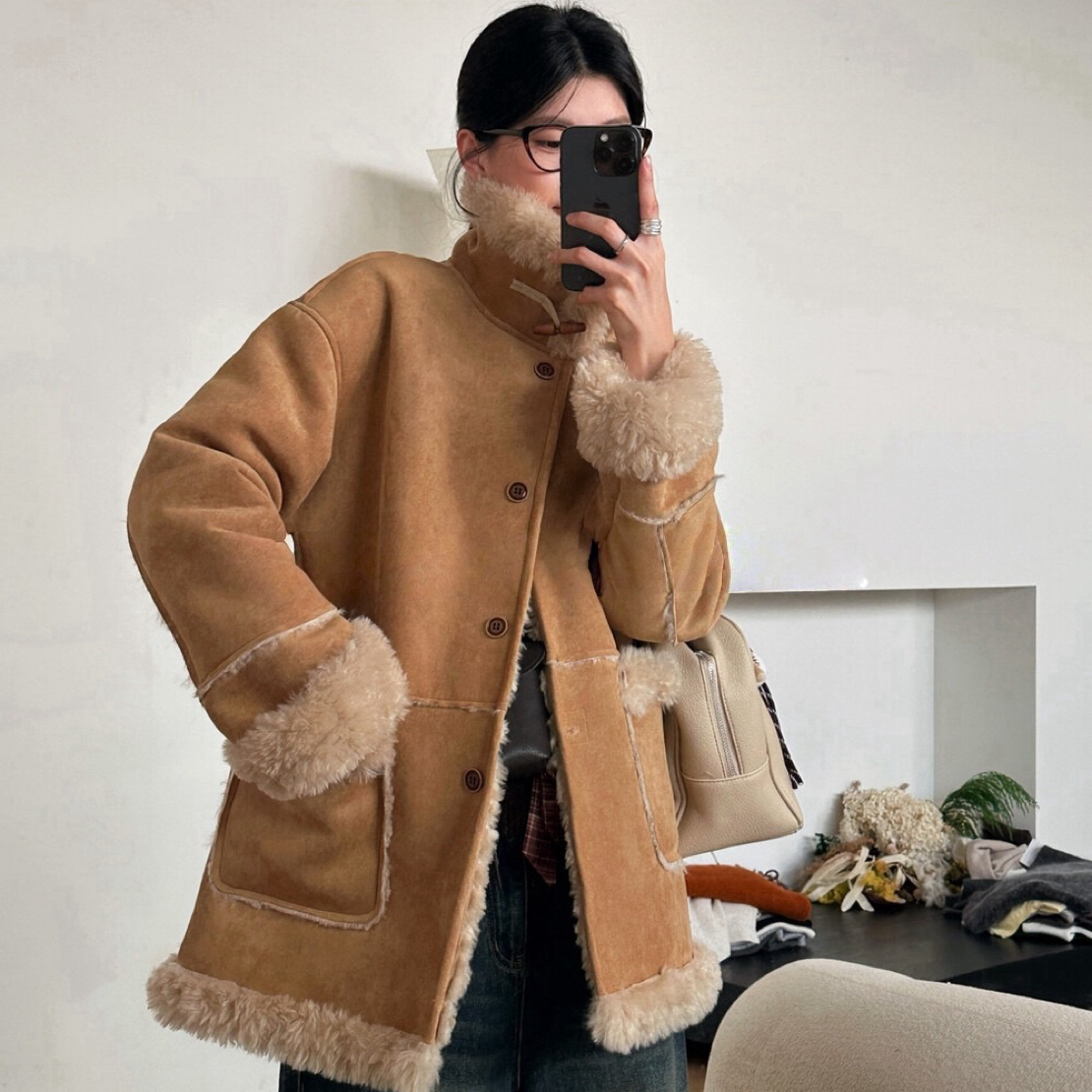 北海道中长鹿皮绒!韩版简约加厚,高质价比实力供应链大衣【FST】