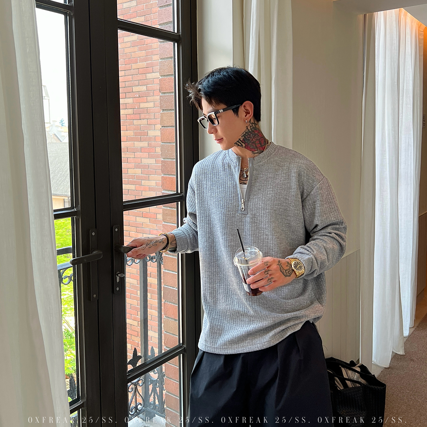 OXFREAK「长期主义 老钱风」肌理褶皱半拉链长袖t恤男宽松打底衫