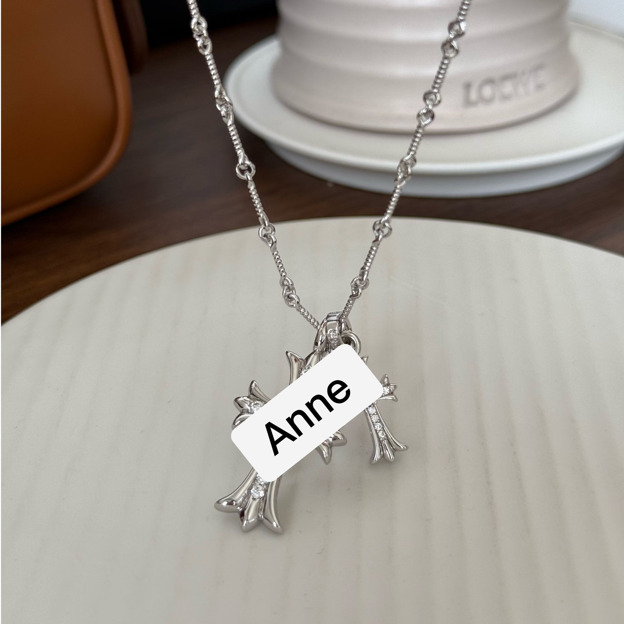 铜合金项链 银色镶嵌双十字架项链【X739】