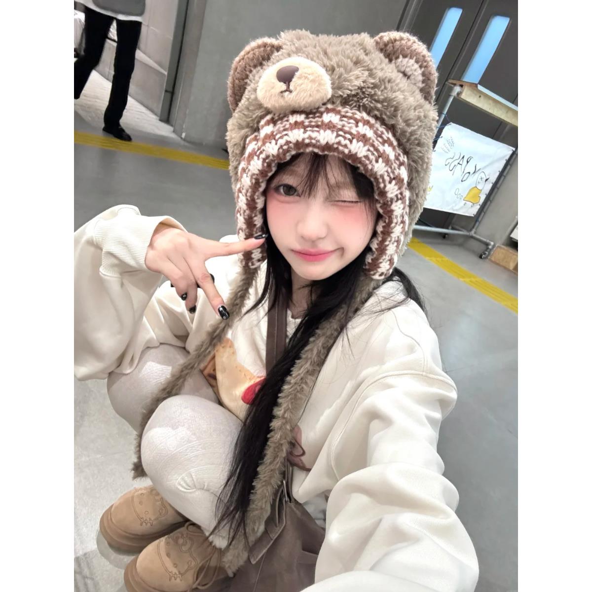 软萌小熊~日系可爱小熊耳朵毛绒绑带针织帽女秋冬百搭保暖护耳帽