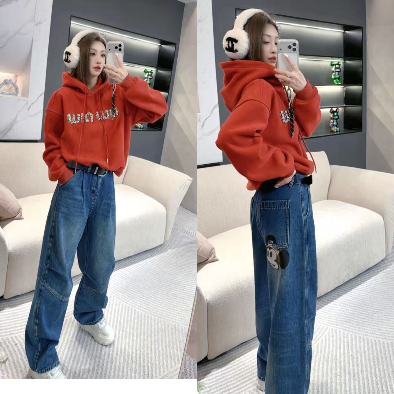 熙薇【奇妙旅程】2025冬季新款设计师时尚百搭米奇加绒牛仔裤H6398