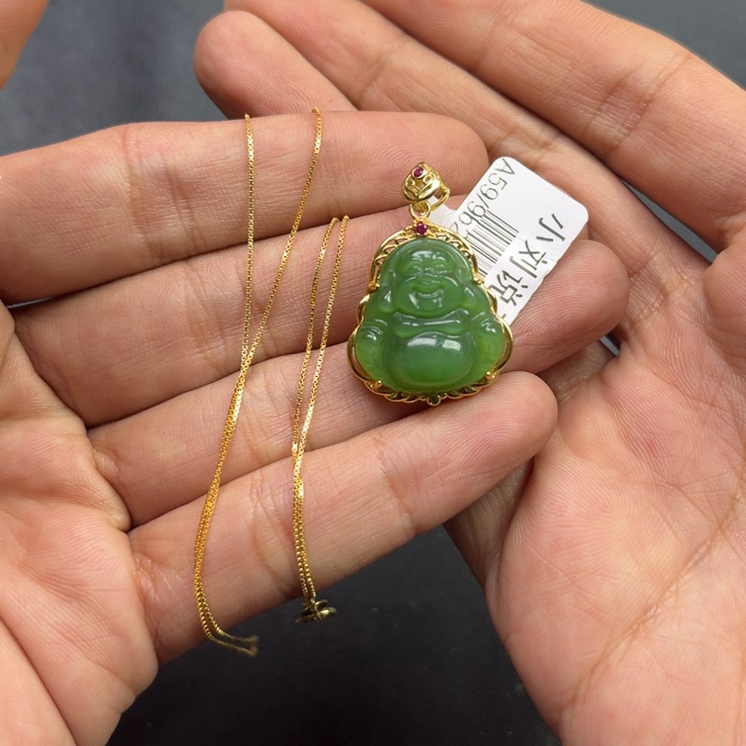和田玉颈饰银S925镶嵌多样性俄罗斯碧玉佛公带链子