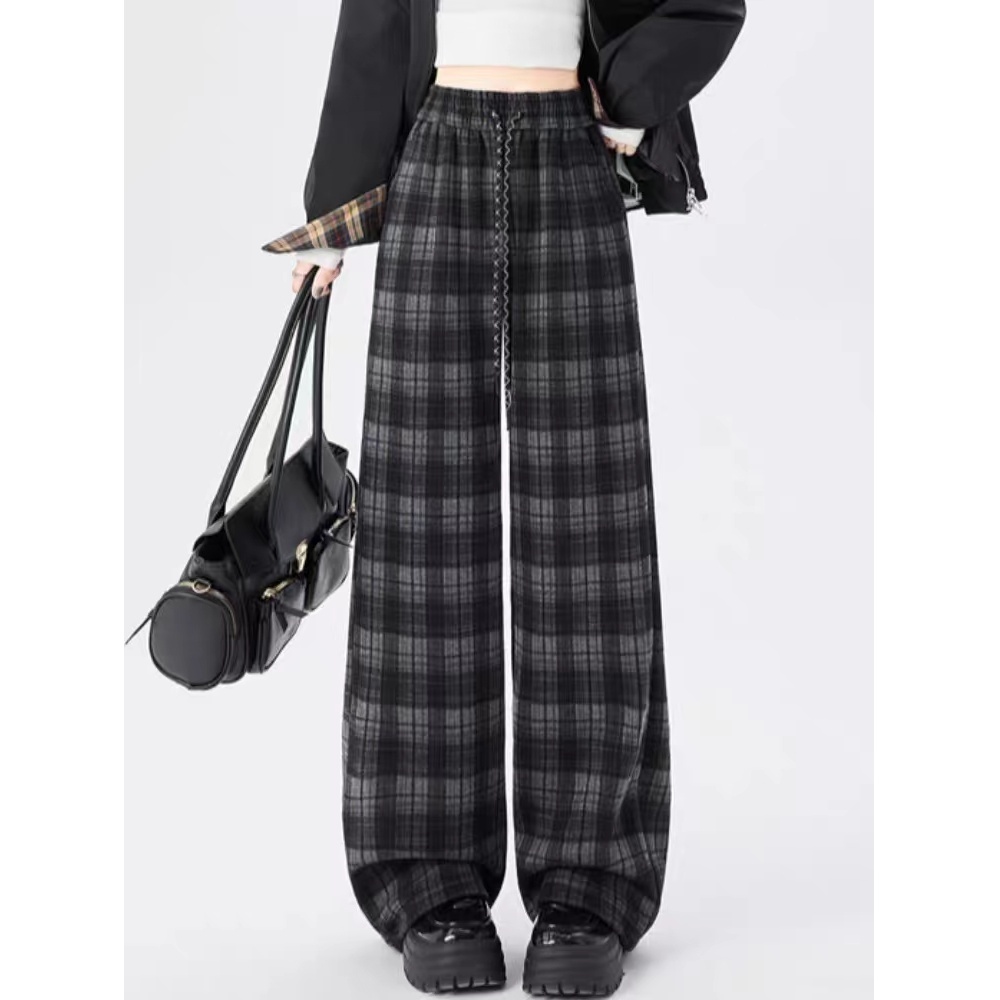 HMY5102602 2025新款松紧高腰抽绳系带复古格子显高显瘦加绒加厚