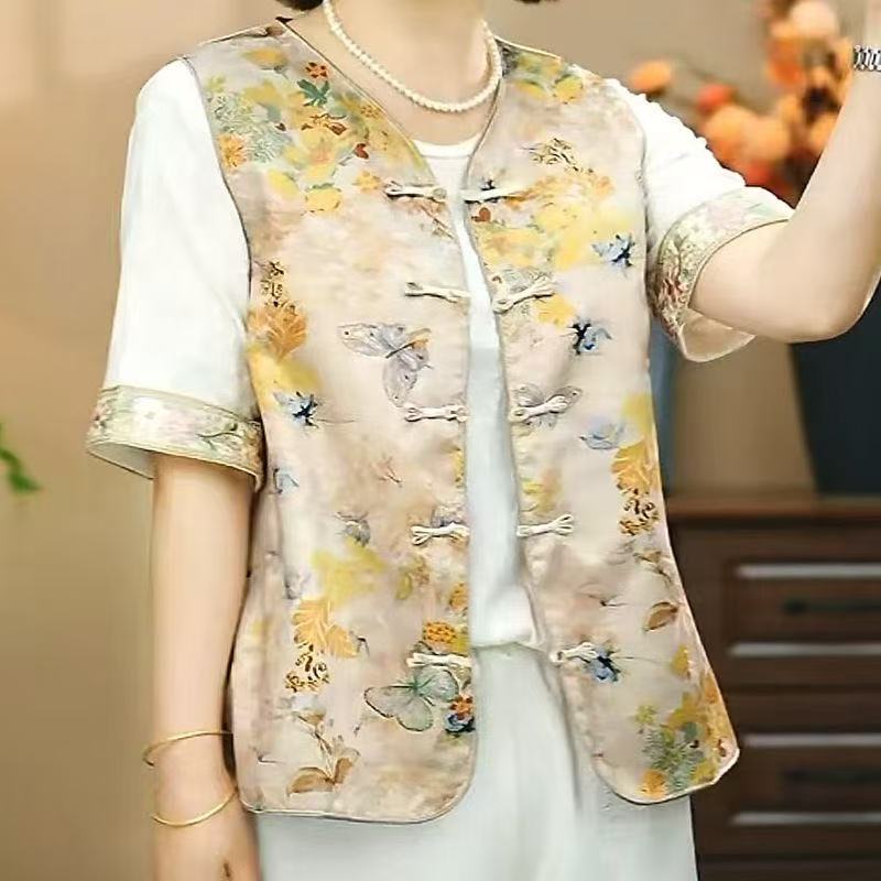 M27 蝴蝶花开黄色中式国风气质马甲时尚复古印花坎肩背心盘扣女装